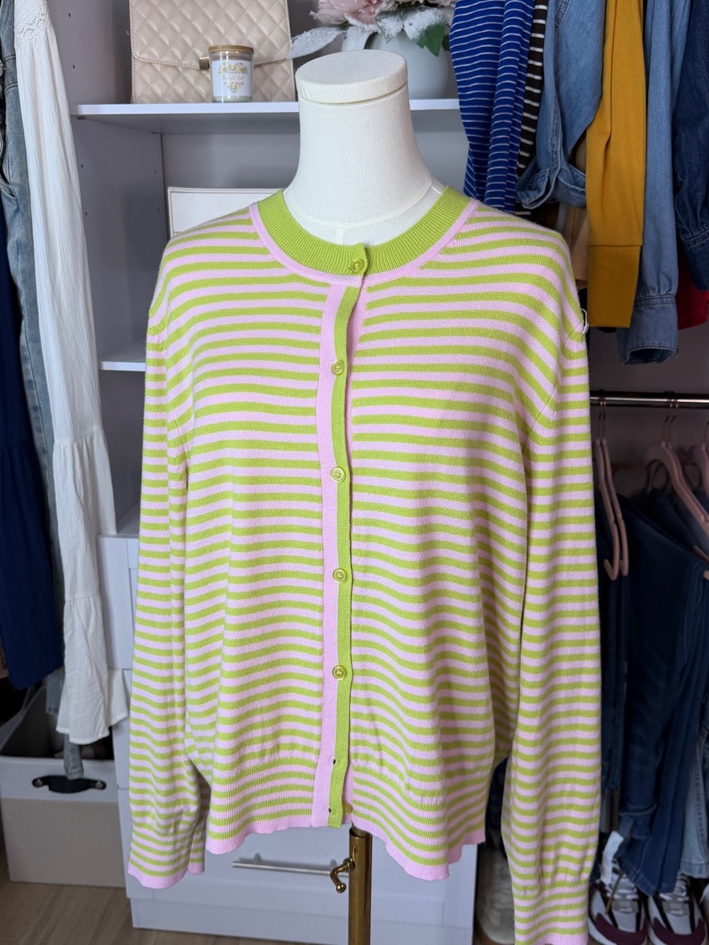 Free Assembly Striped Button-Front Cardigan in Pink & Light Green